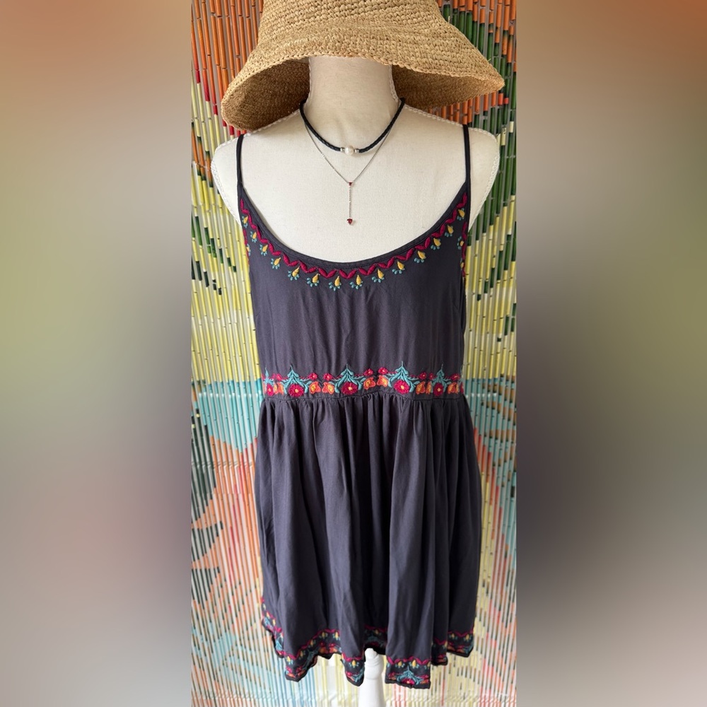 NATURAL LIFE Blue Sleeveless Dress with Multicolor Floral Embroidery